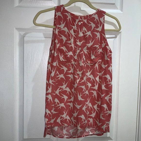 Ann Taylor Loft 1/2 button blouse Sz XSP sleeveless bird print pockets - Picture 1 of 5